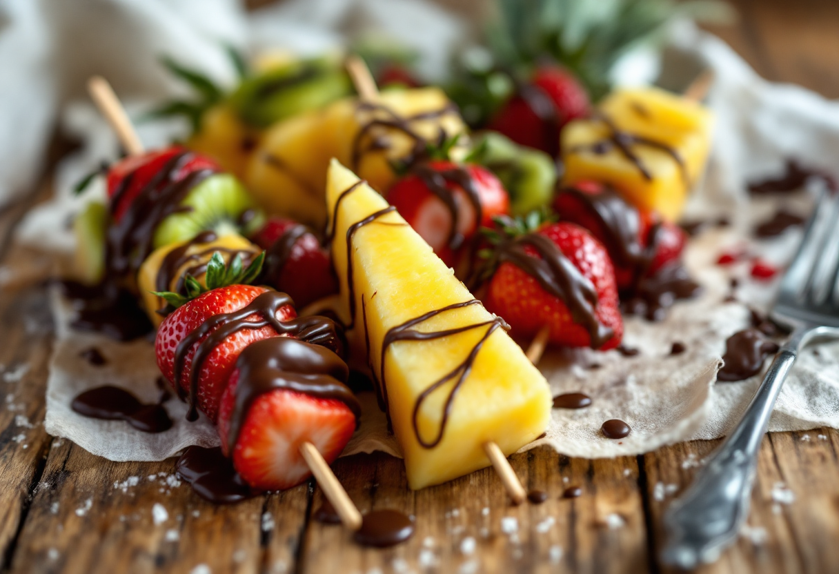 Spiedini di frutta fresca ricoperti di cioccolato