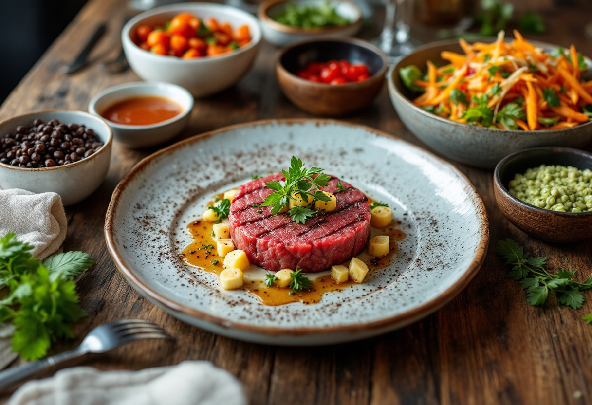 Tartare scottata servita su un piatto elegante