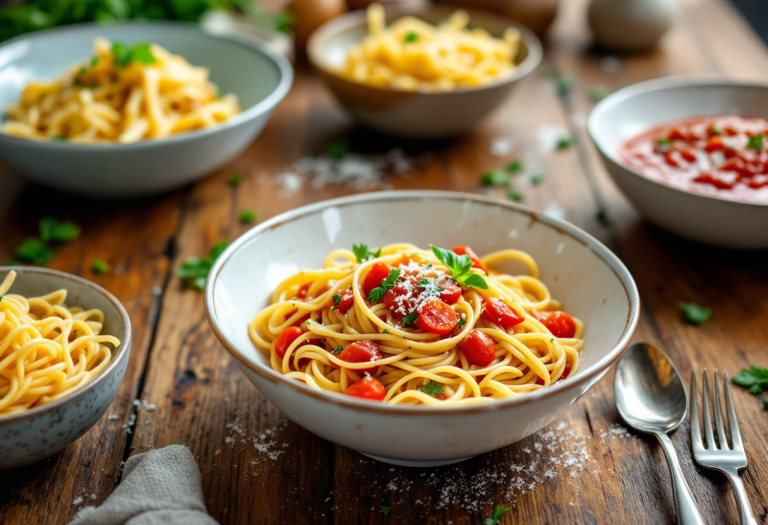 Pasta italiana servita in un piatto con ingredienti freschi