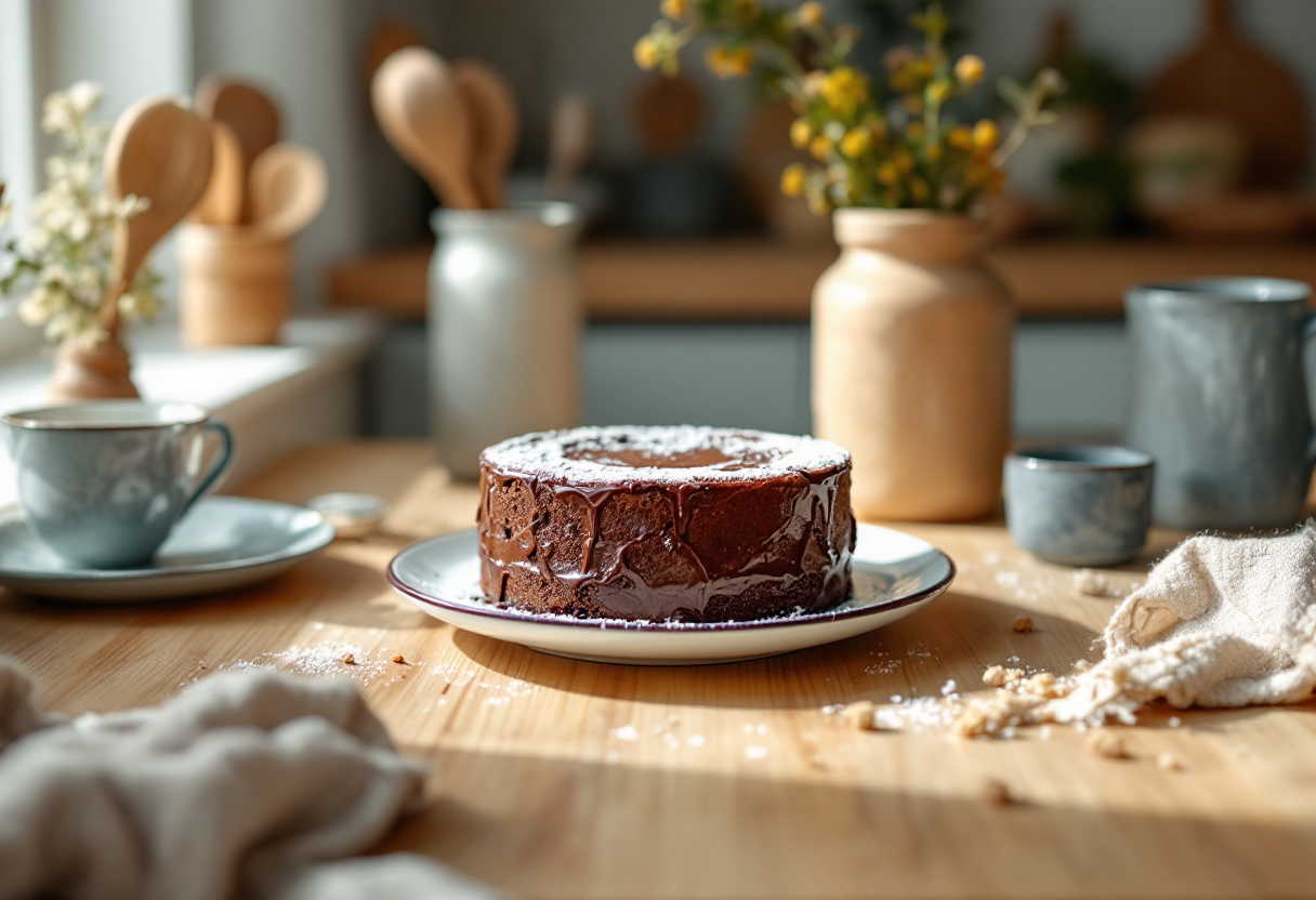 Torta all'acqua al cacao vegana su un piatto decorato