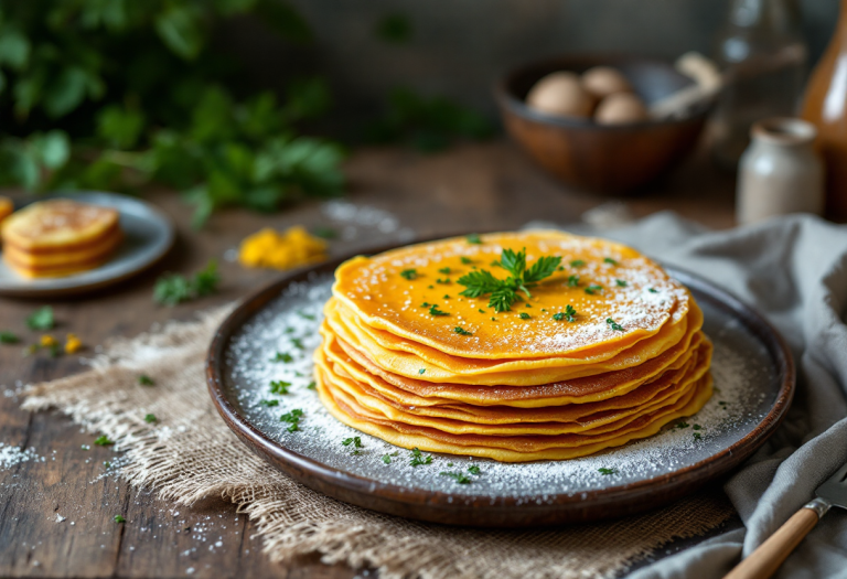 Torta di crespelle alla curcuma servita in un piatto