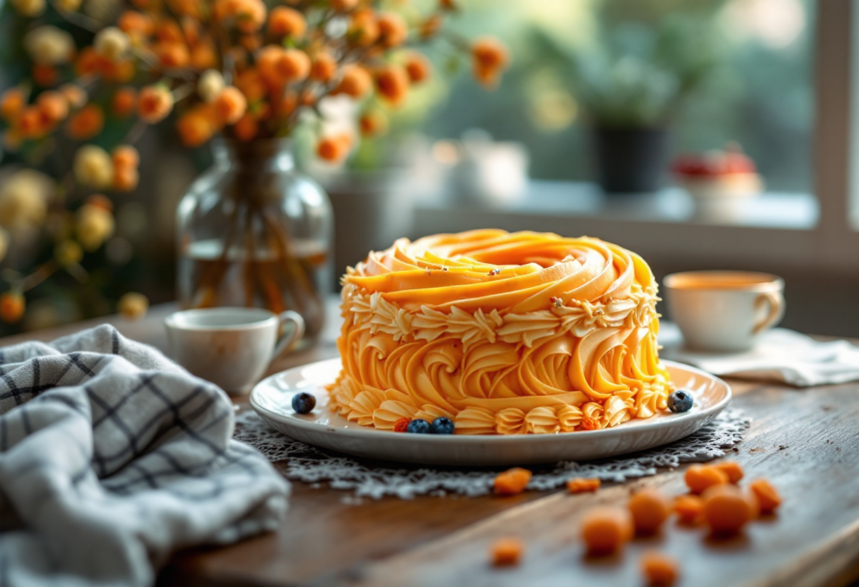 Torta girella all'arancia decorata con fette di arancia