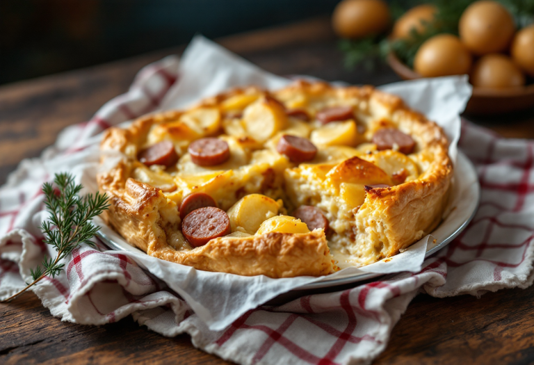 Torta salata con patate e salsiccia appena sfornata