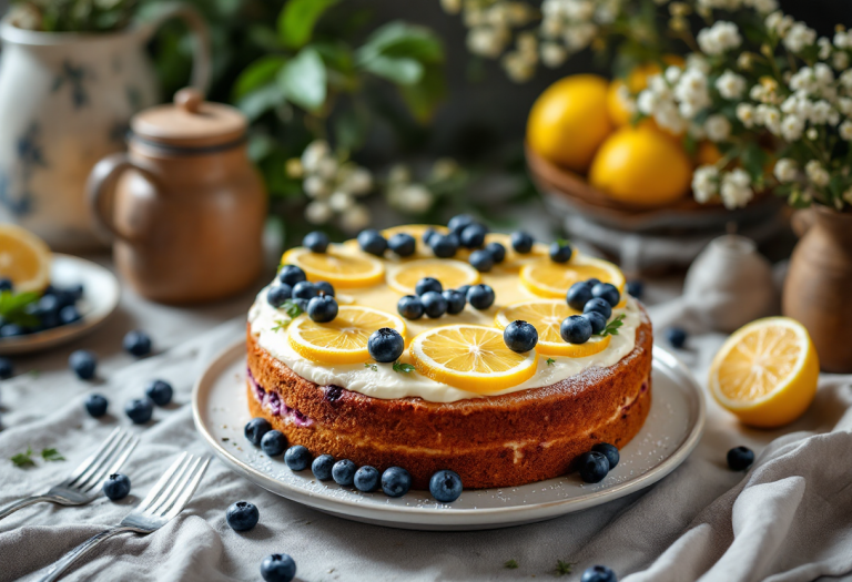 Torta vegana al limone con mirtilli freschi decorativi