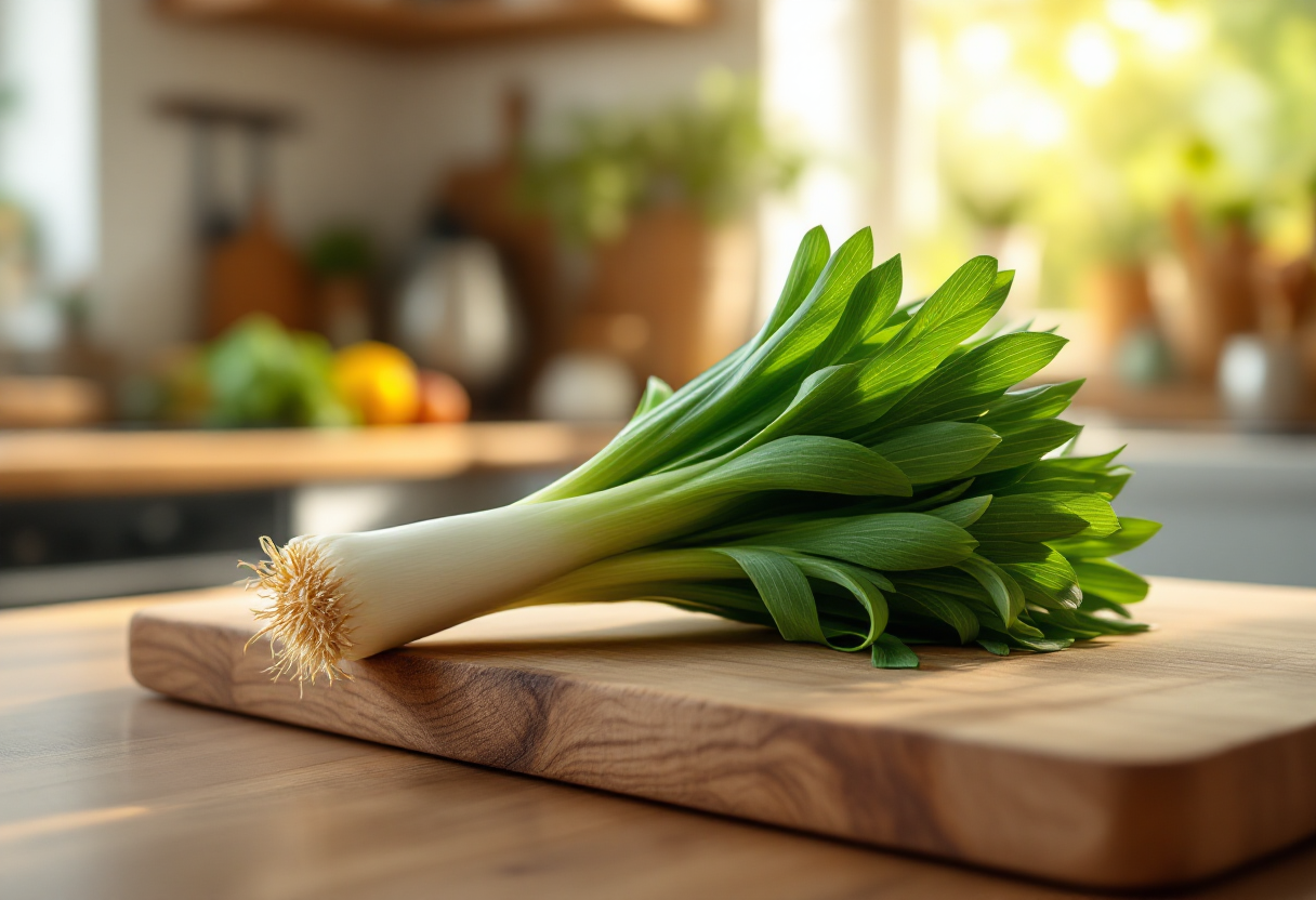 Foglie verdi di porri freschi pronte per la cucina