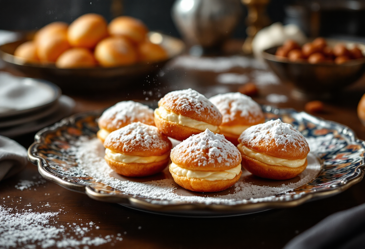 Zeppole di San Giuseppe decorate con crema e ciliegie